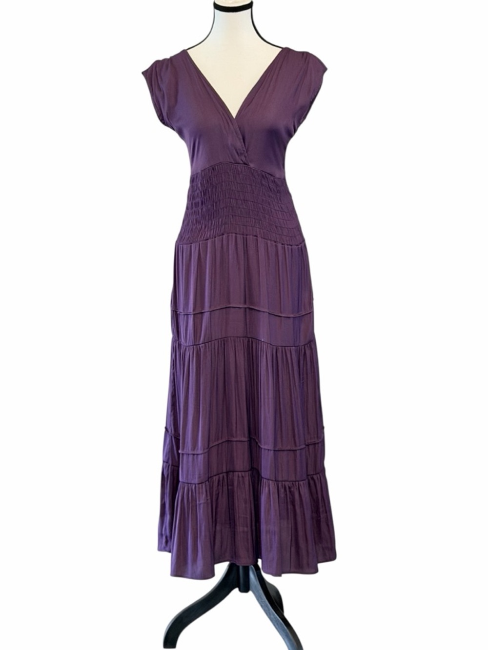 💜 Felicite Smocked Midi Dress Purple Tiered M 8-10 NWT